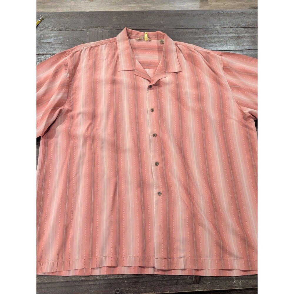 EUC Tommy Bahama Mens Hawaiian Camp Shirt Salmon‎ Peach Striped Vacation XXL